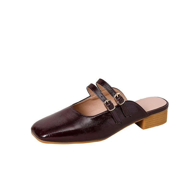 Square Toe Double Buckle Mary Jane Mules - Burgundy