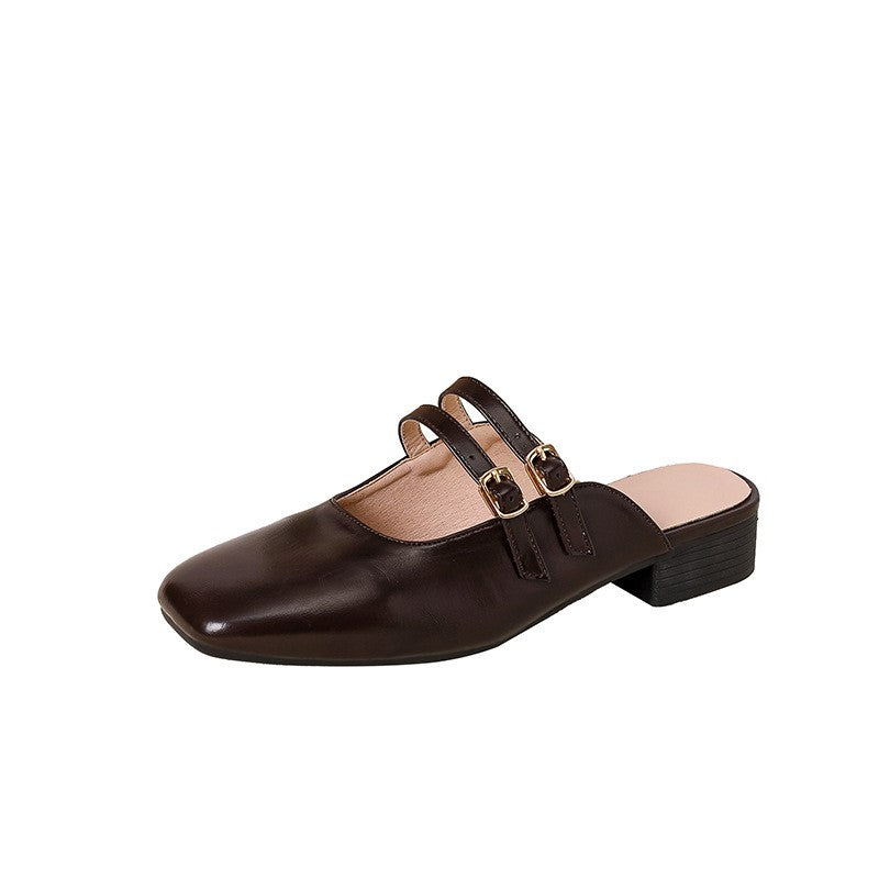 Square Toe Double Buckle Mary Jane Mules - Coffee