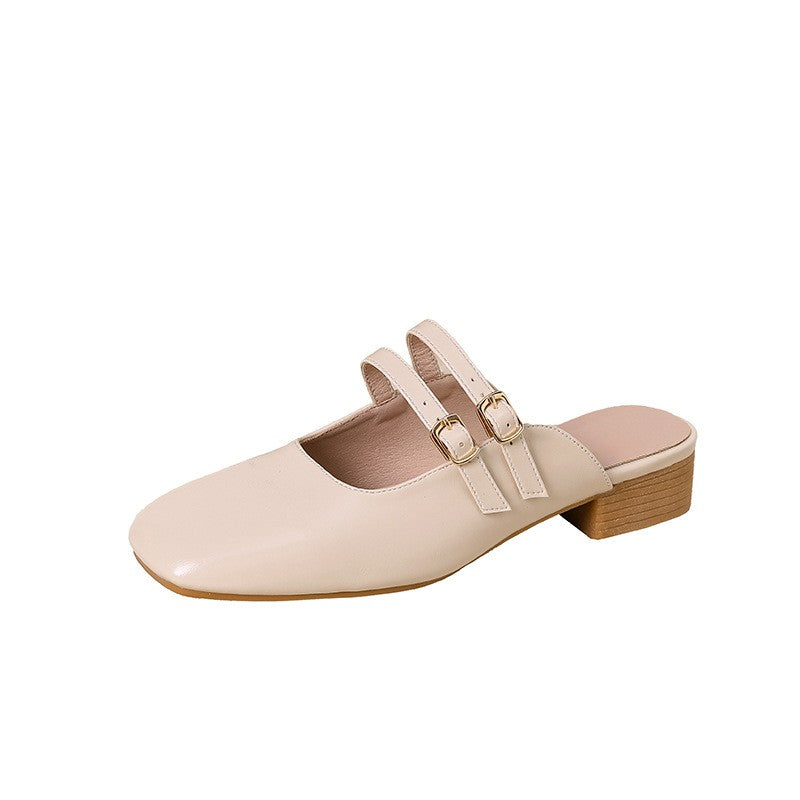 Square Toe Double Buckle Mary Jane Mules - Cream