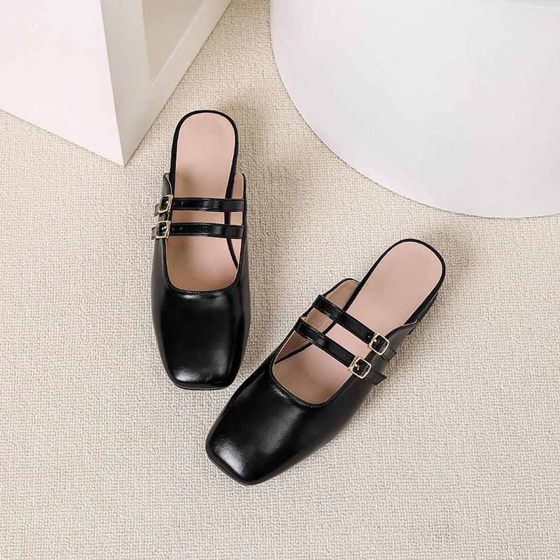 Square Toe Double Buckle Mary Jane Mules