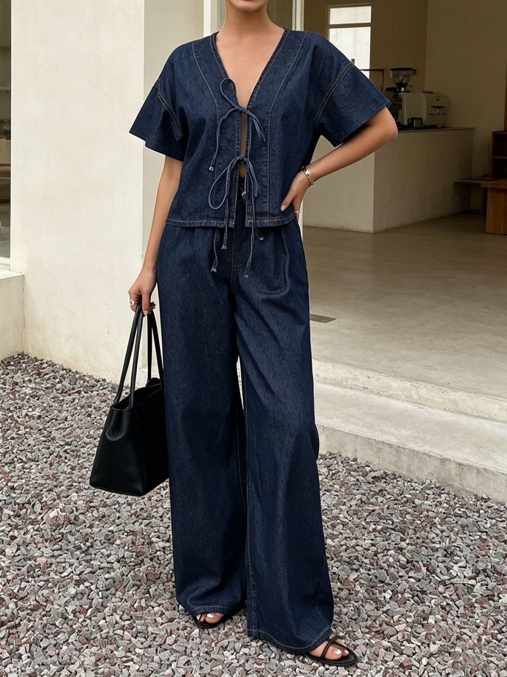 Flutter Sleeve Denim Crop Top and Pants Set - Set