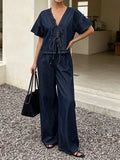 Flutter Sleeve Denim Crop Top and Pants Set - Set