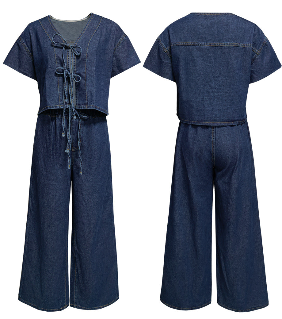 Flutter Sleeve Denim Crop Top and Pants Set - Set - 1
