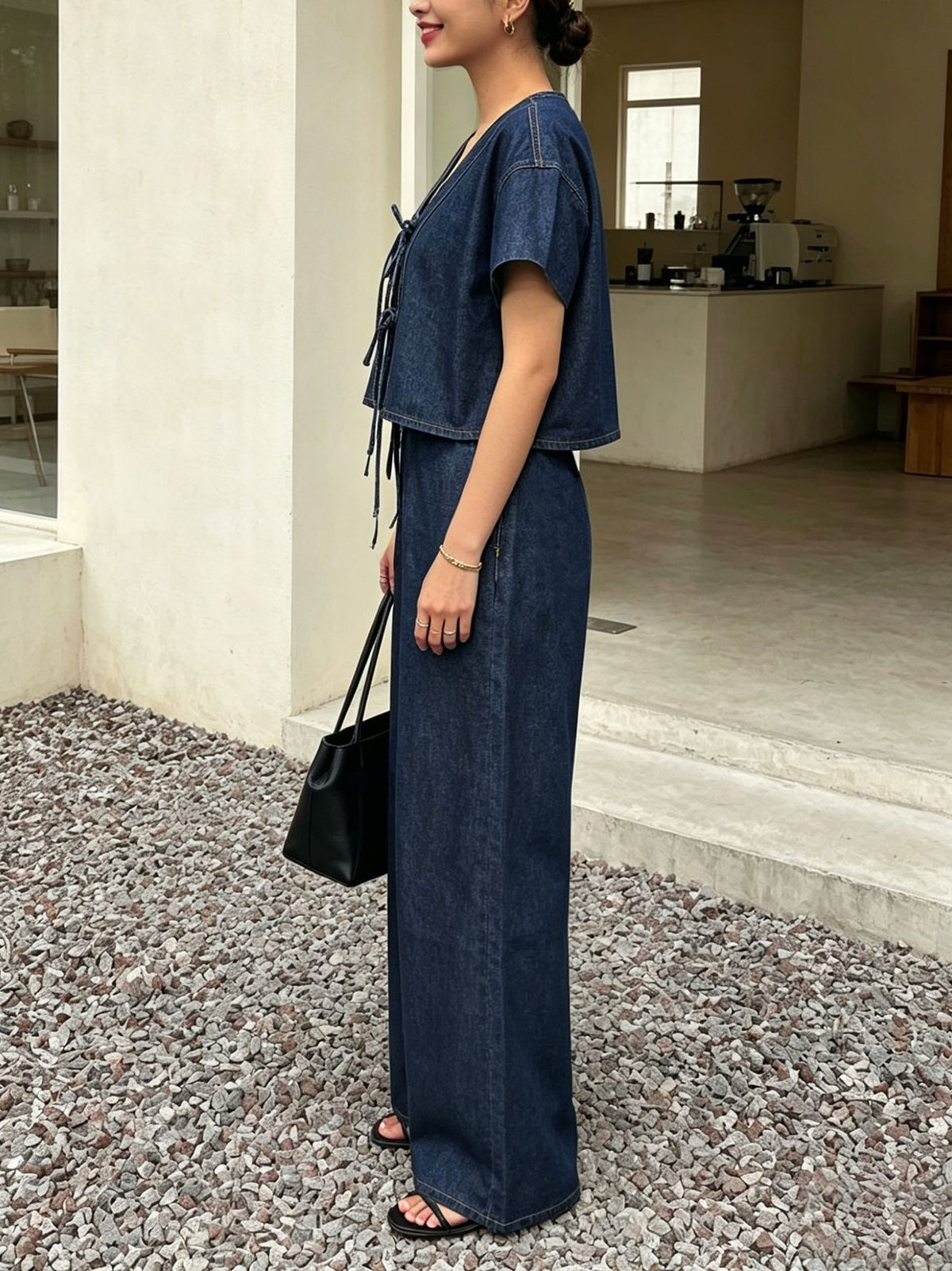 Flutter Sleeve Denim Crop Top and Pants Set - Set - 2