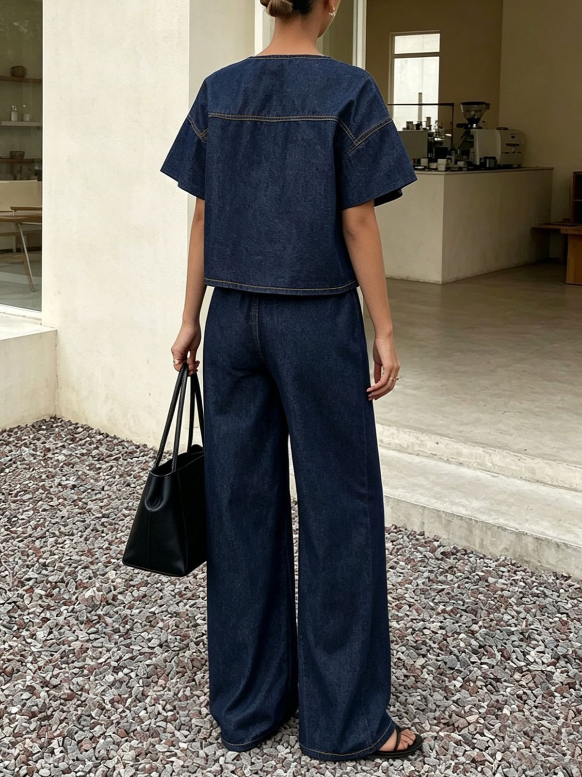 Flutter Sleeve Denim Crop Top and Pants Set - Set - 3