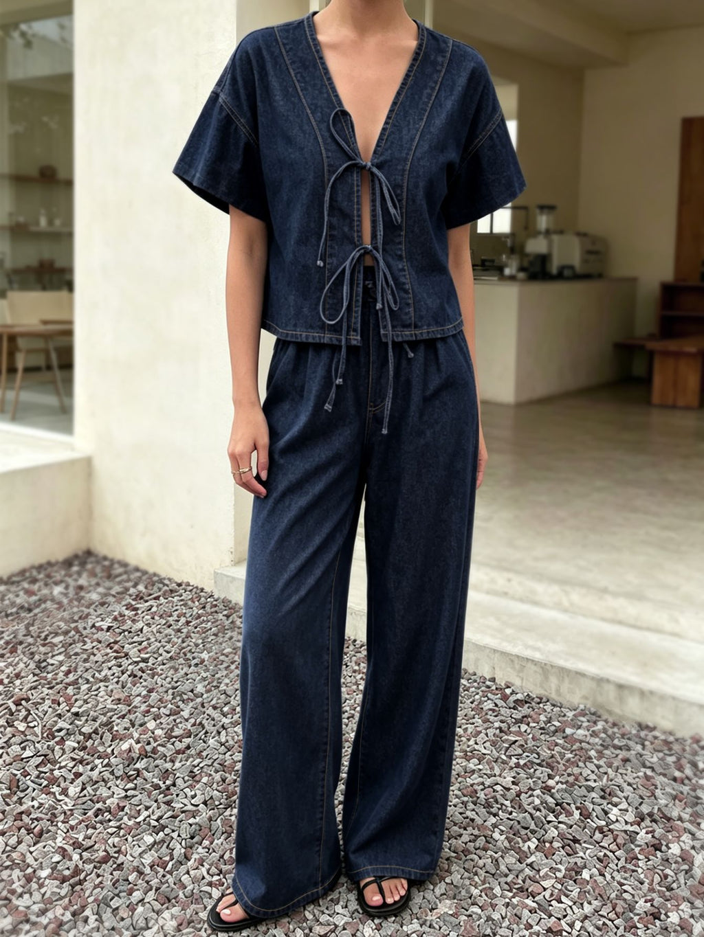 Flutter Sleeve Denim Crop Top and Pants Set - Set - 4
