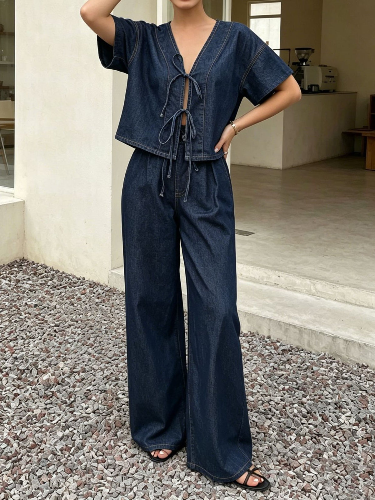 Flutter Sleeve Denim Crop Top and Pants Set - Set - 5