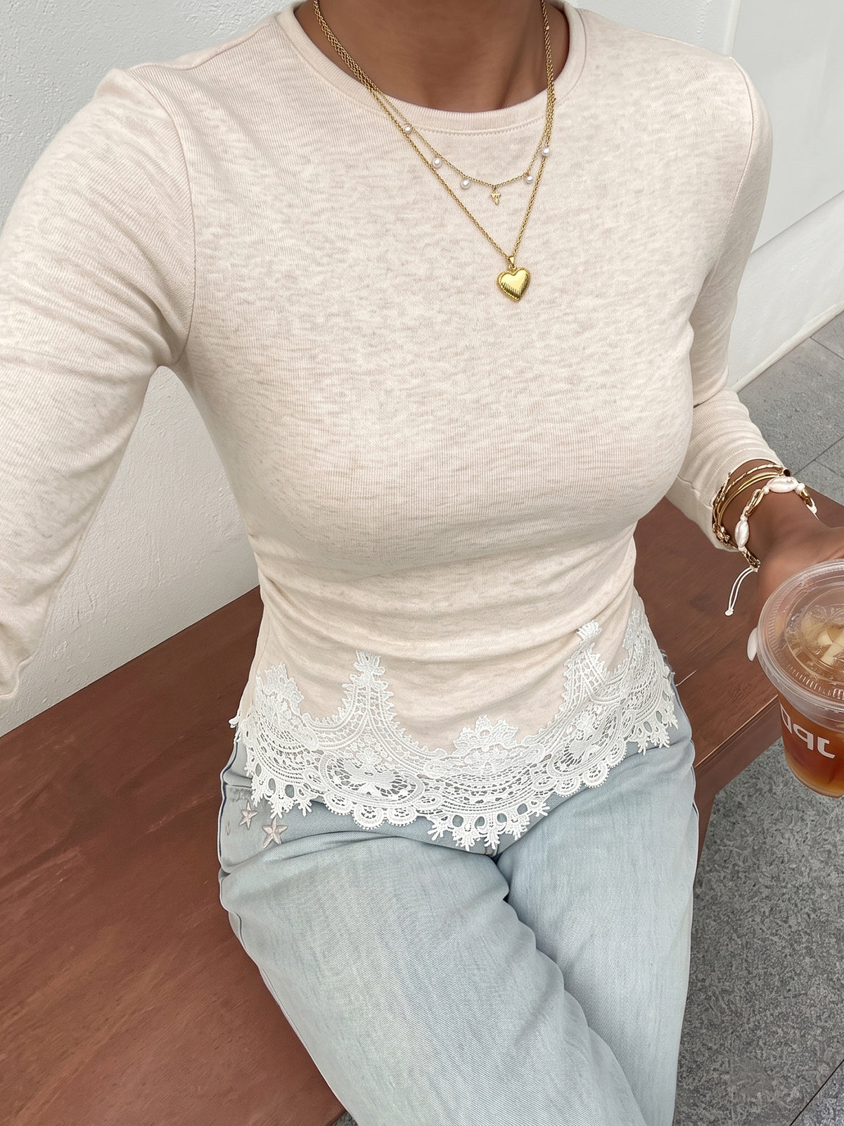 Rib Knit Long Sleeve Top With Lace Hem - Apricot - 5