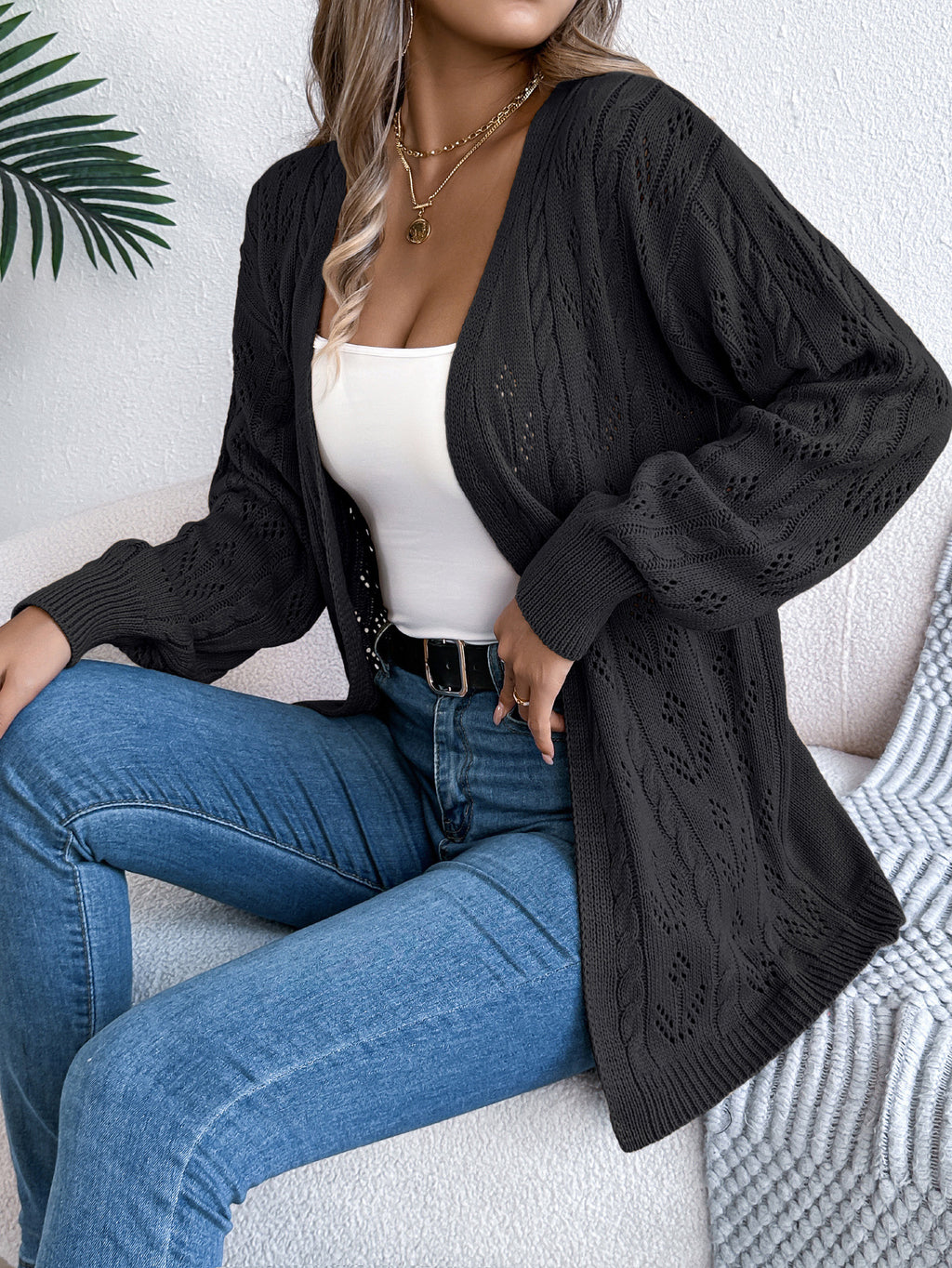 Open Front Pointelle Knit Cardigan - Black