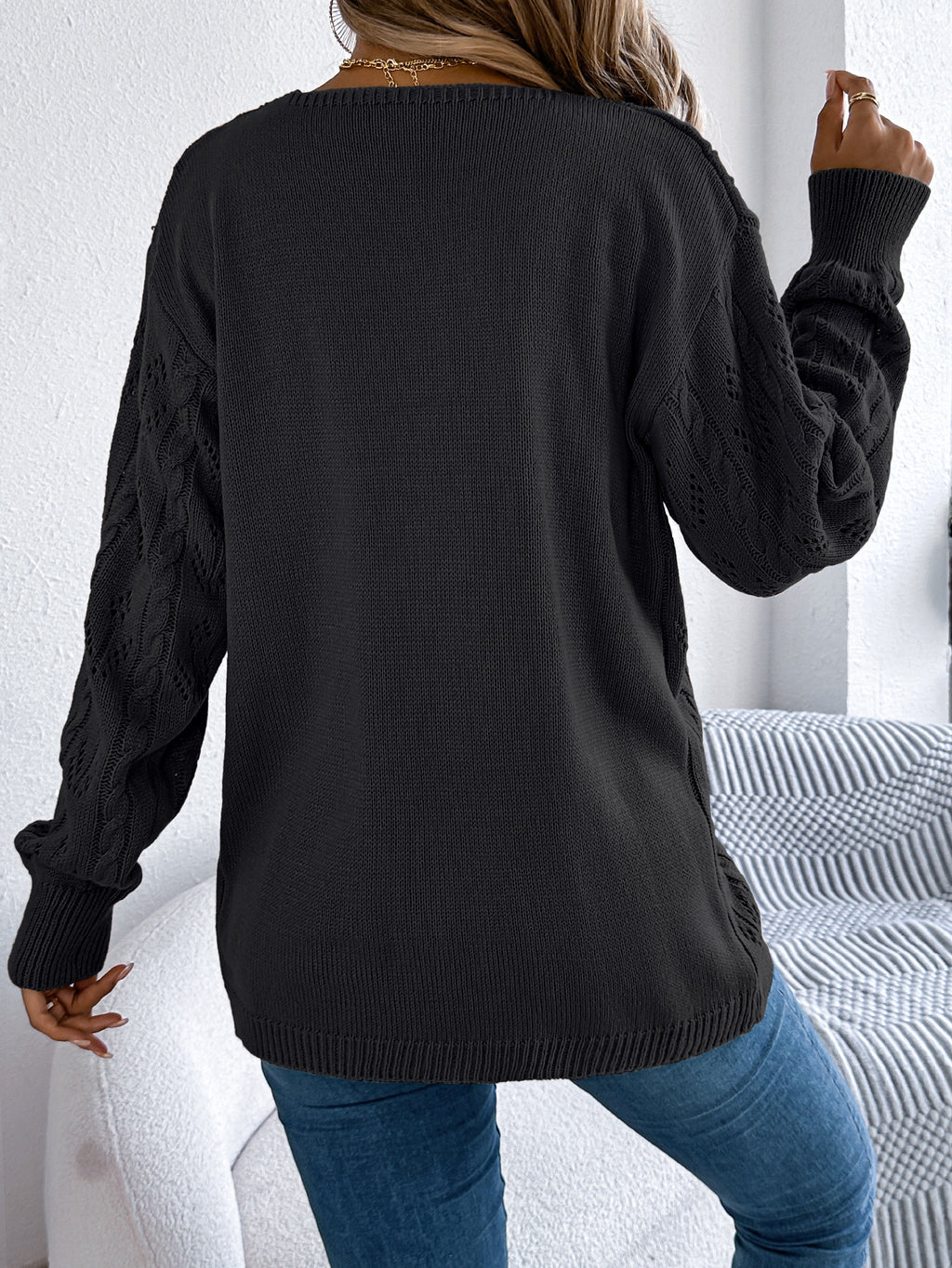 Open Front Pointelle Knit Cardigan - Black - 1