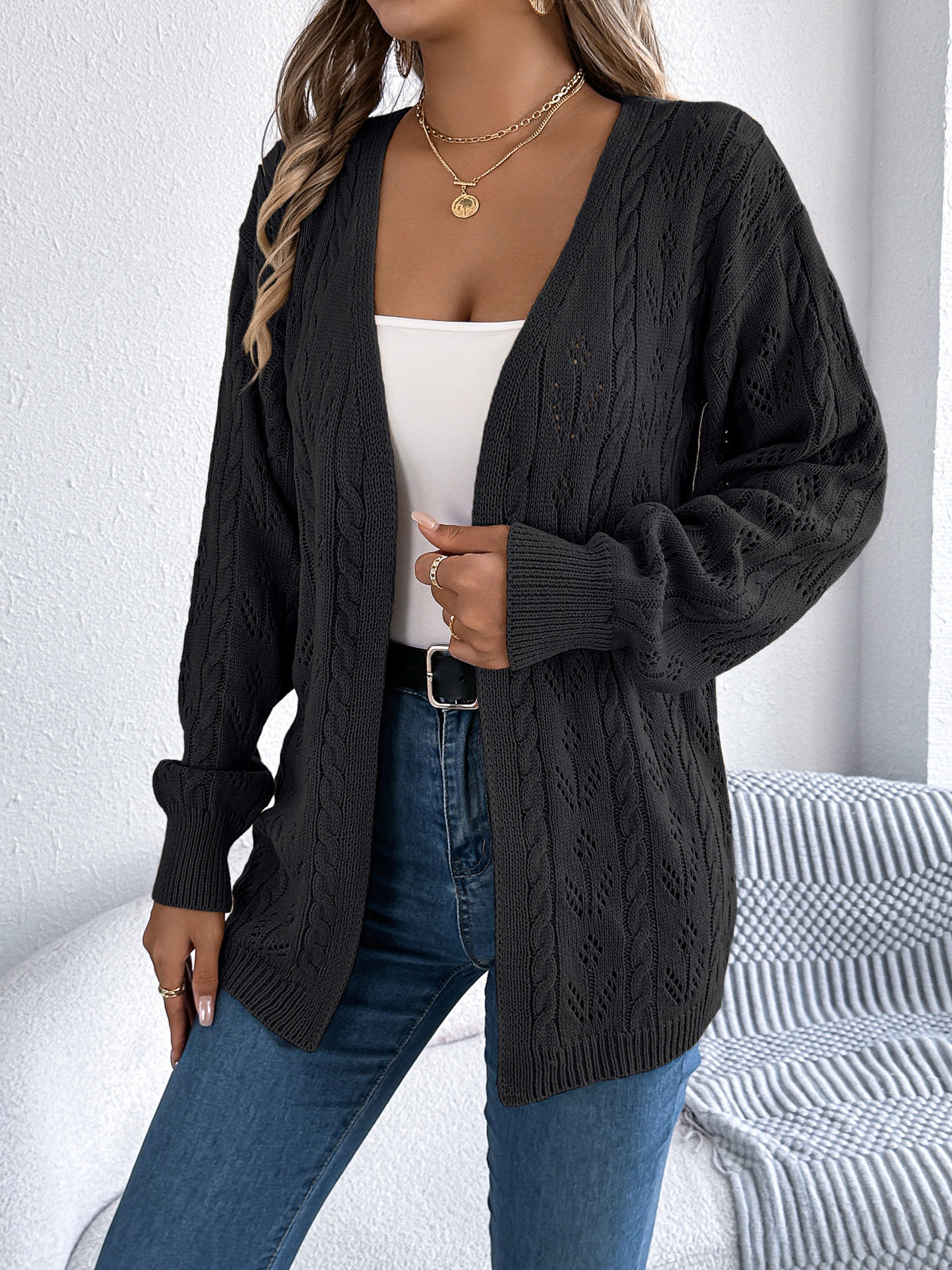 Open Front Pointelle Knit Cardigan - Black - 2
