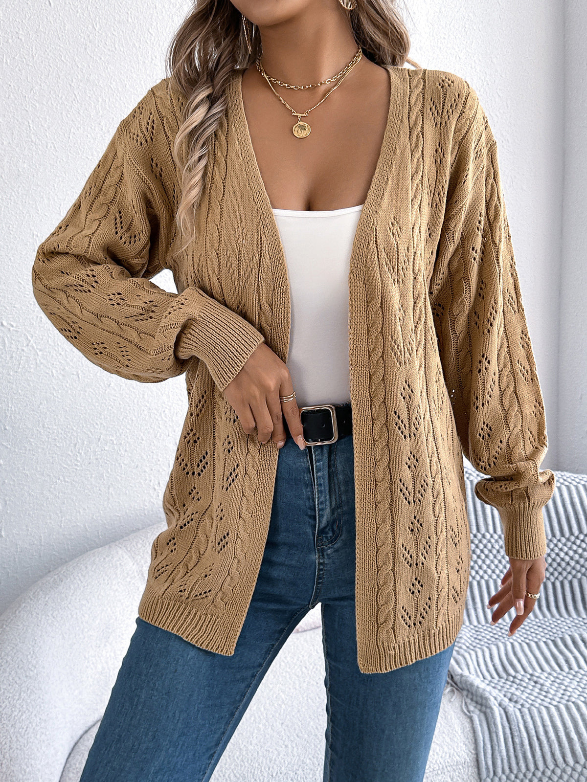 Open Front Pointelle Knit Cardigan - Khaki