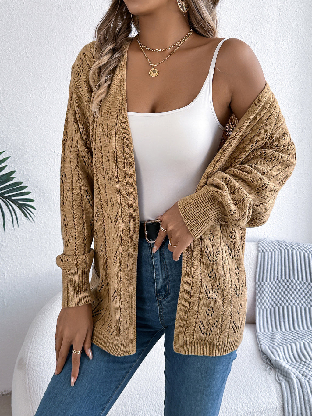 Open Front Pointelle Knit Cardigan - Khaki - 1