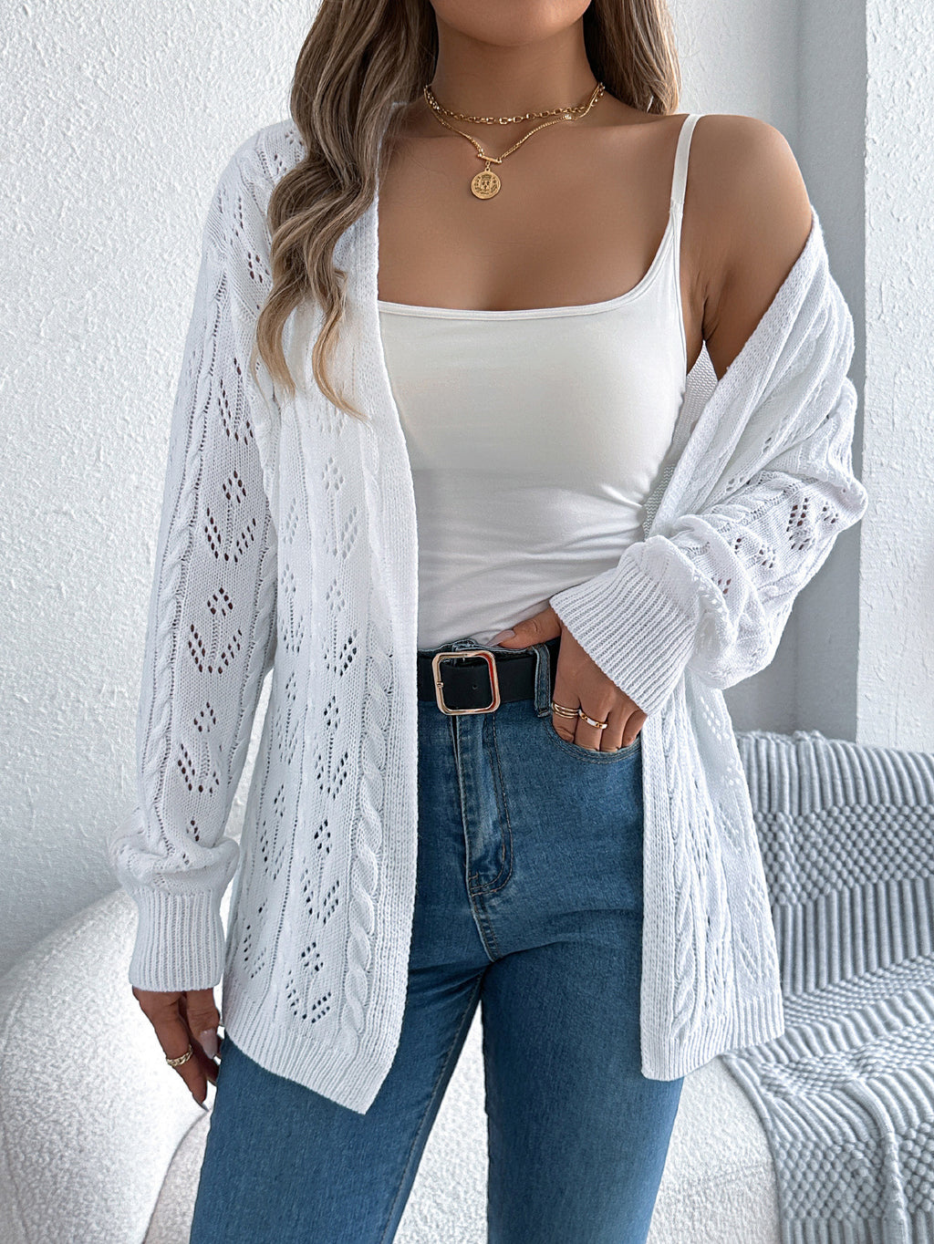 Open Front Pointelle Knit Cardigan - White - 1