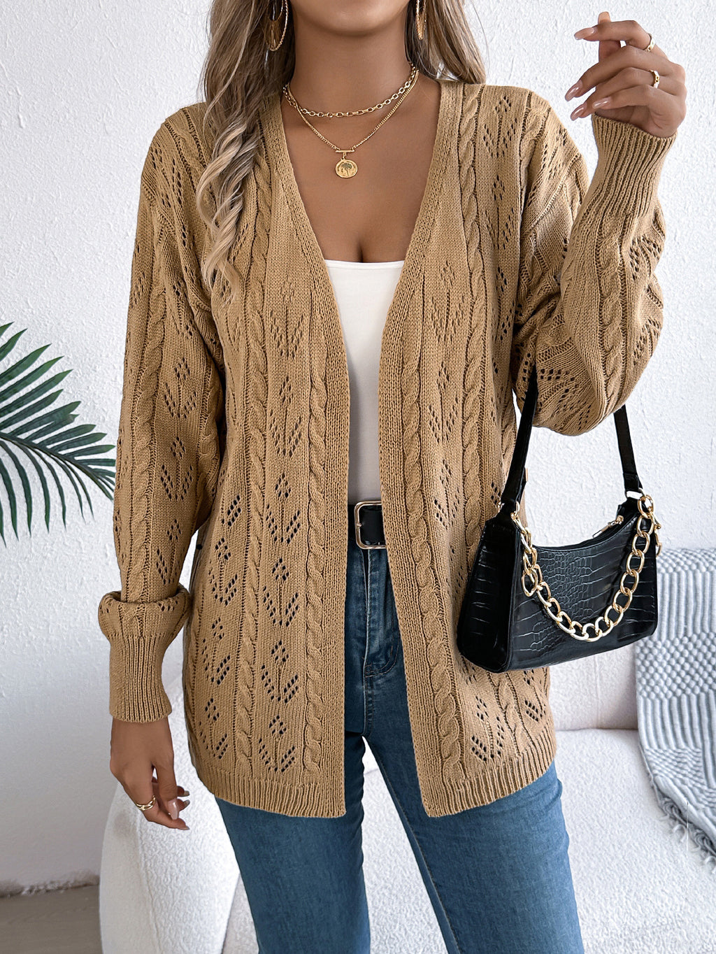 Open Front Pointelle Knit Cardigan - view 1