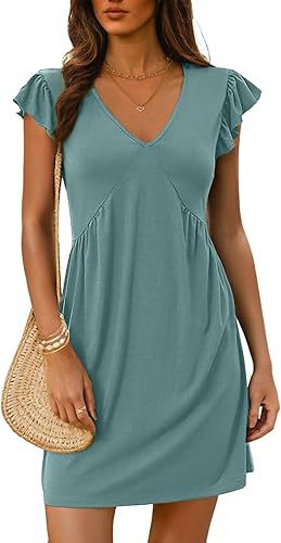 V Neck Flutter Sleeve Mini Shift Dress - Blue