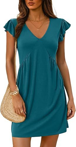 V Neck Flutter Sleeve Mini Shift Dress - Dark_Blue