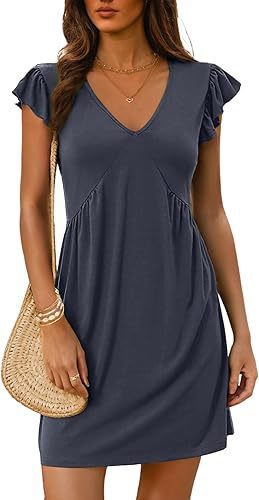 V Neck Flutter Sleeve Mini Shift Dress - Grey_Blue