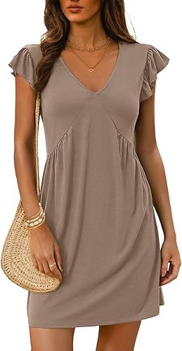 V Neck Flutter Sleeve Mini Shift Dress - Khaki