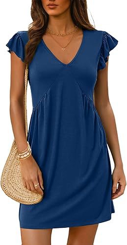 V Neck Flutter Sleeve Mini Shift Dress - Navy