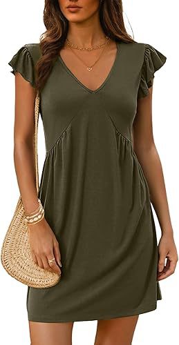 V Neck Flutter Sleeve Mini Shift Dress - Olive_Green