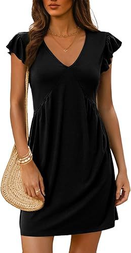 V Neck Flutter Sleeve Mini Shift Dress - black