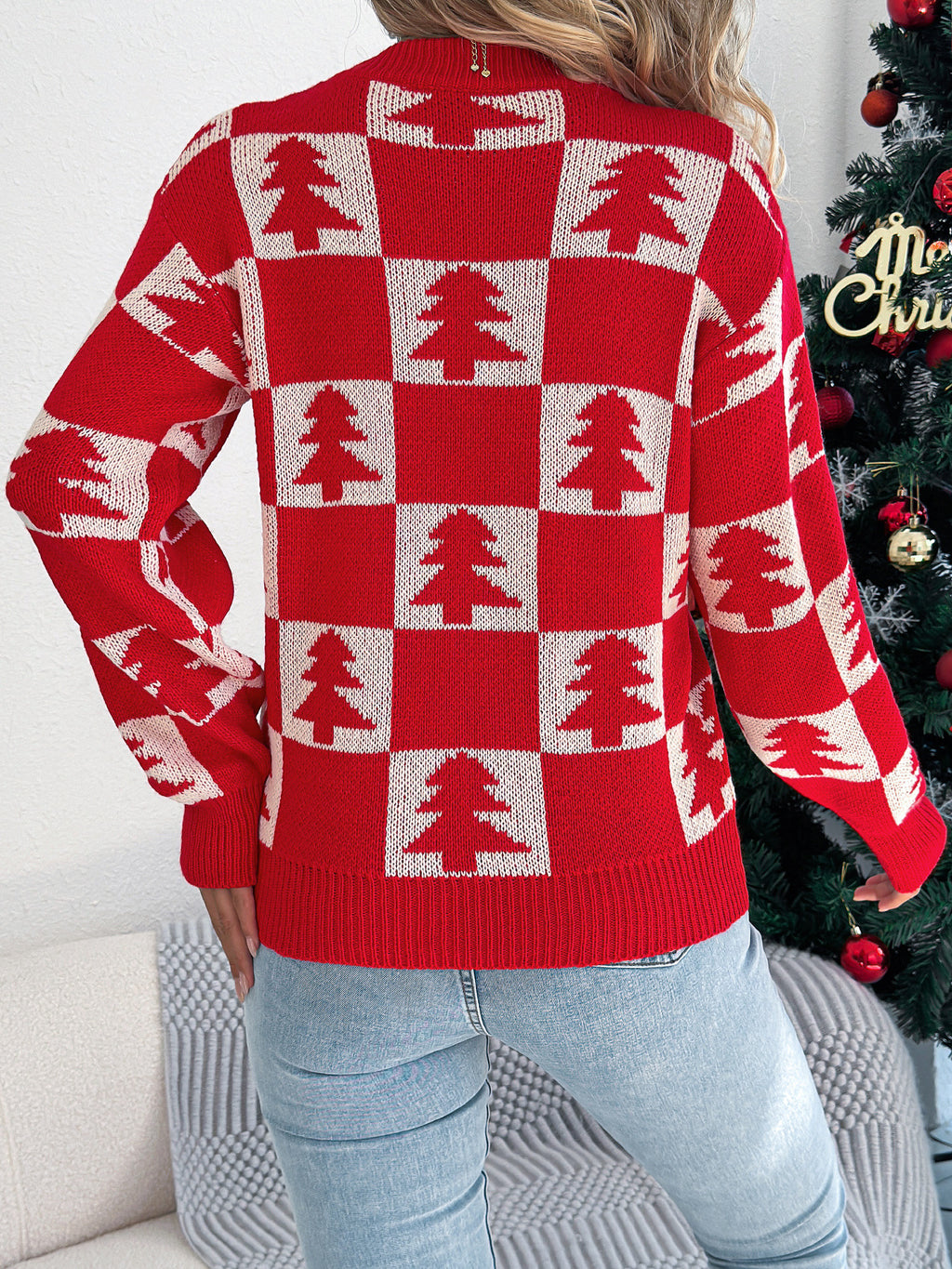 Christmas Tree Check Knit Pullover Sweater - Red - 2