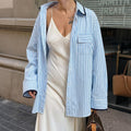 Rickrack Trim Striped Oversized Button Up Shirt - Blue