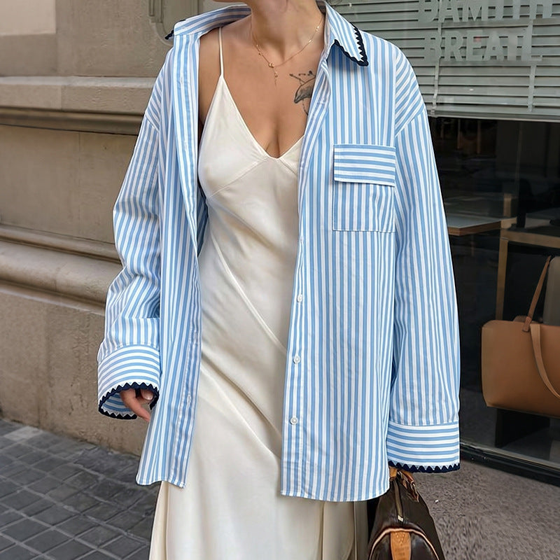 Rickrack Trim Striped Oversized Button Up Shirt - Blue