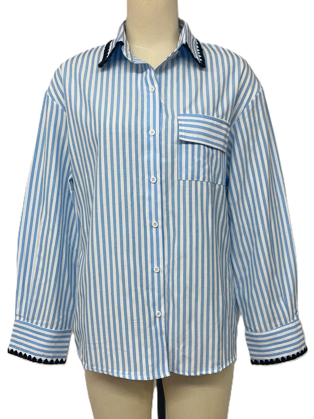 Rickrack Trim Striped Oversized Button Up Shirt - Blue - 1