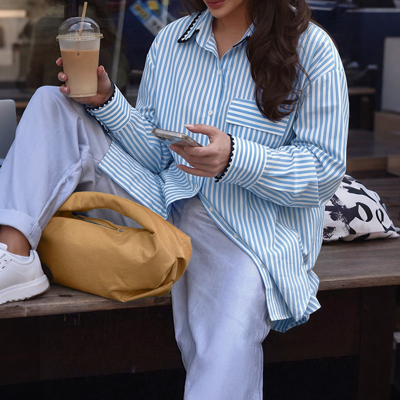 Rickrack Trim Striped Oversized Button Up Shirt - Blue - 2