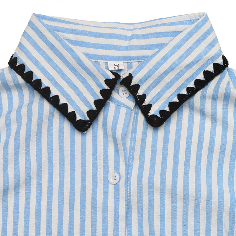 Rickrack Trim Striped Oversized Button Up Shirt - Blue - 4