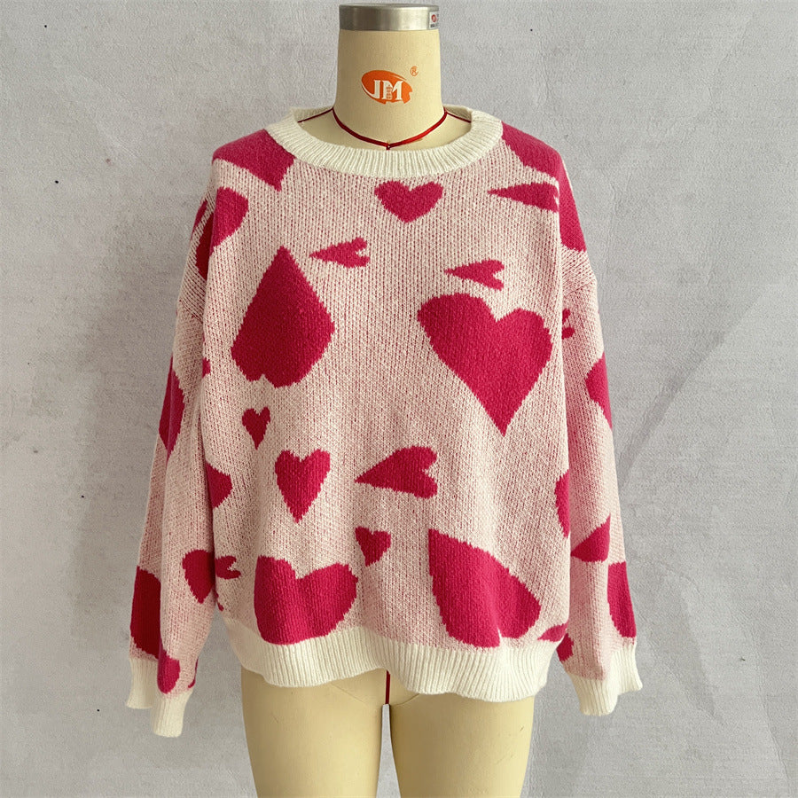 Scattered Heart Fuzzy Knit Sweater - Rosered