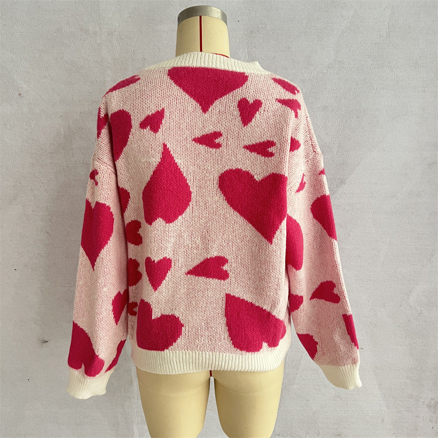 Scattered Heart Fuzzy Knit Sweater - Rosered - 1