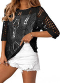 Sheer Pointelle Knit Dolman Sleeve Beach Top - Black