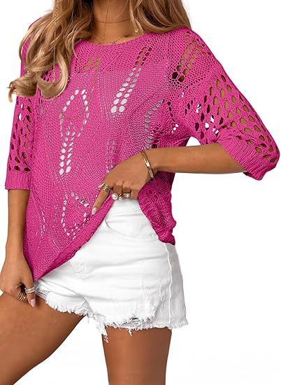 Sheer Pointelle Knit Dolman Sleeve Beach Top - RoseRed