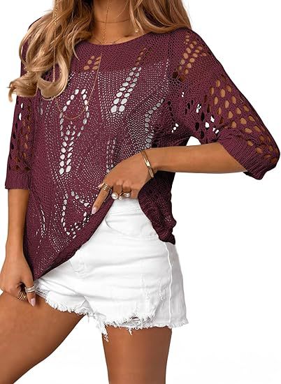 Sheer Pointelle Knit Dolman Sleeve Beach Top - WineRed