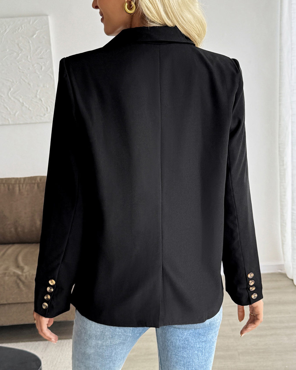 Tailored Notch Lapel Open Front Blazer - Black - 3