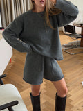 Oversized Rolled Hem Sweater and Shorts Knit Set - Grey