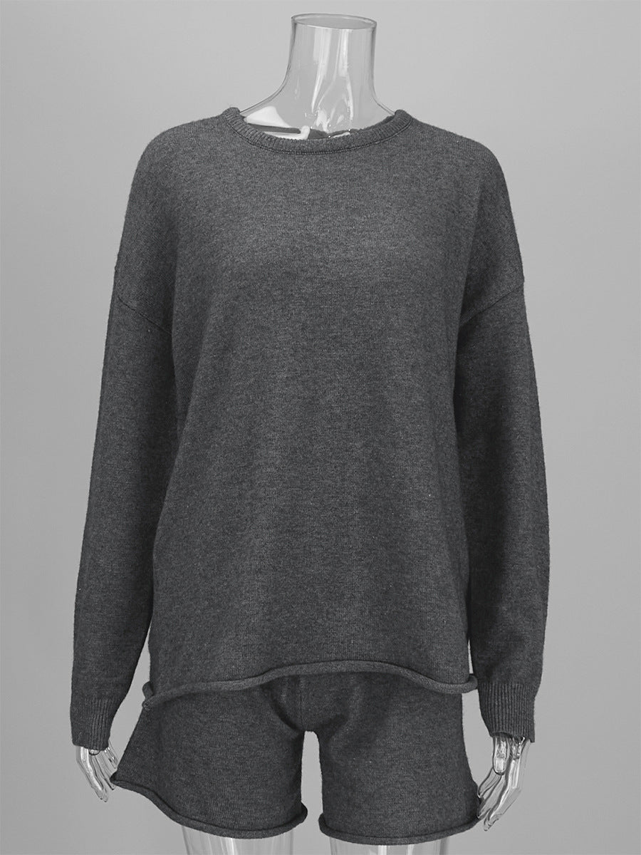 Oversized Rolled Hem Sweater and Shorts Knit Set - Grey - 1