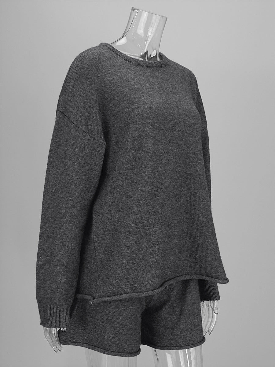 Oversized Rolled Hem Sweater and Shorts Knit Set - Grey - 5