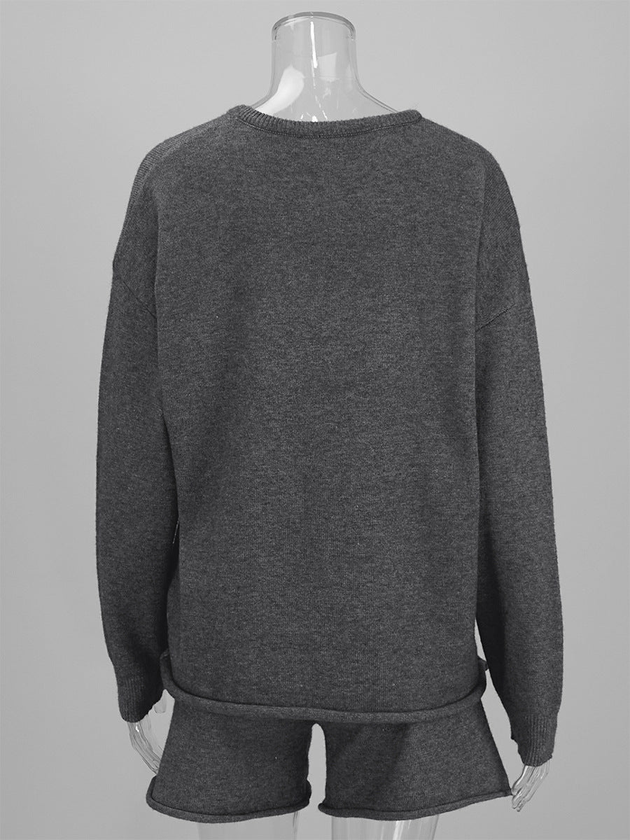 Oversized Rolled Hem Sweater and Shorts Knit Set - Grey - 6
