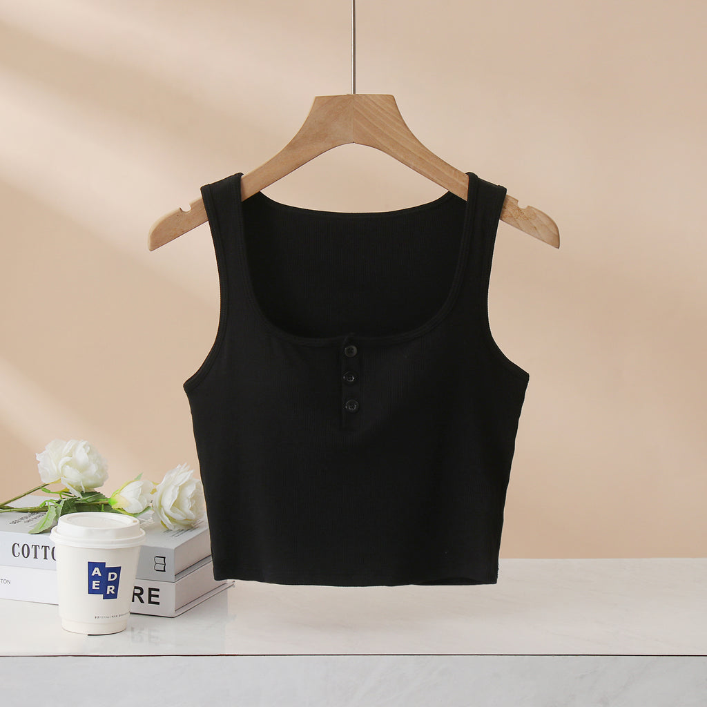 Square Neck Button Placket Bra Crop Tank - Black