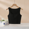 Square Neck Button Placket Bra Crop Tank - Black