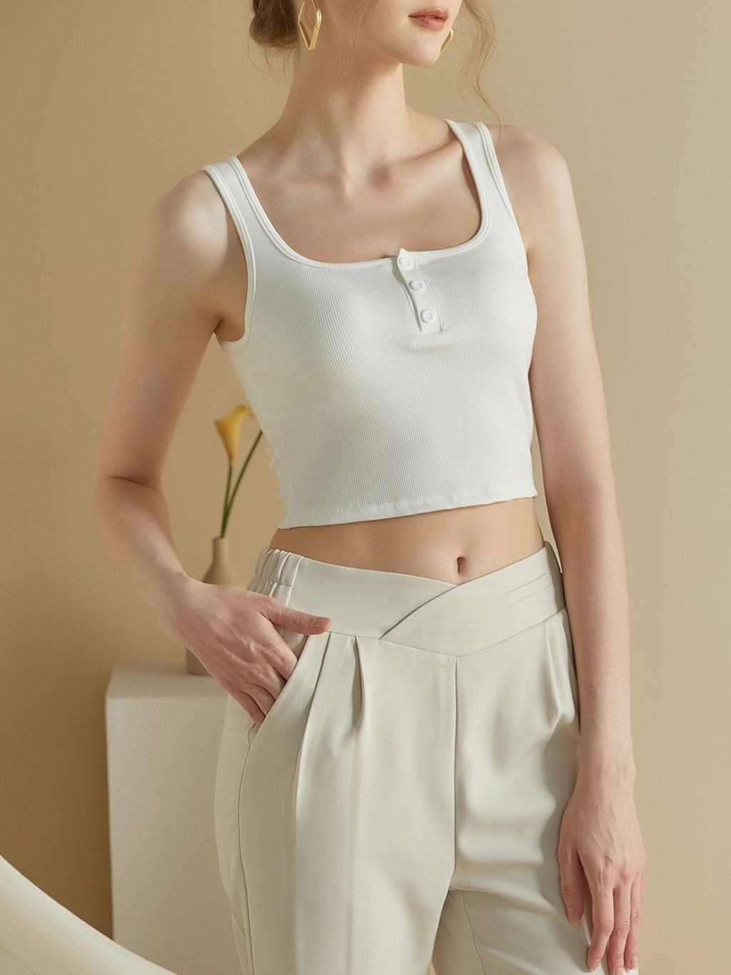 Square Neck Button Placket Bra Crop Tank - White