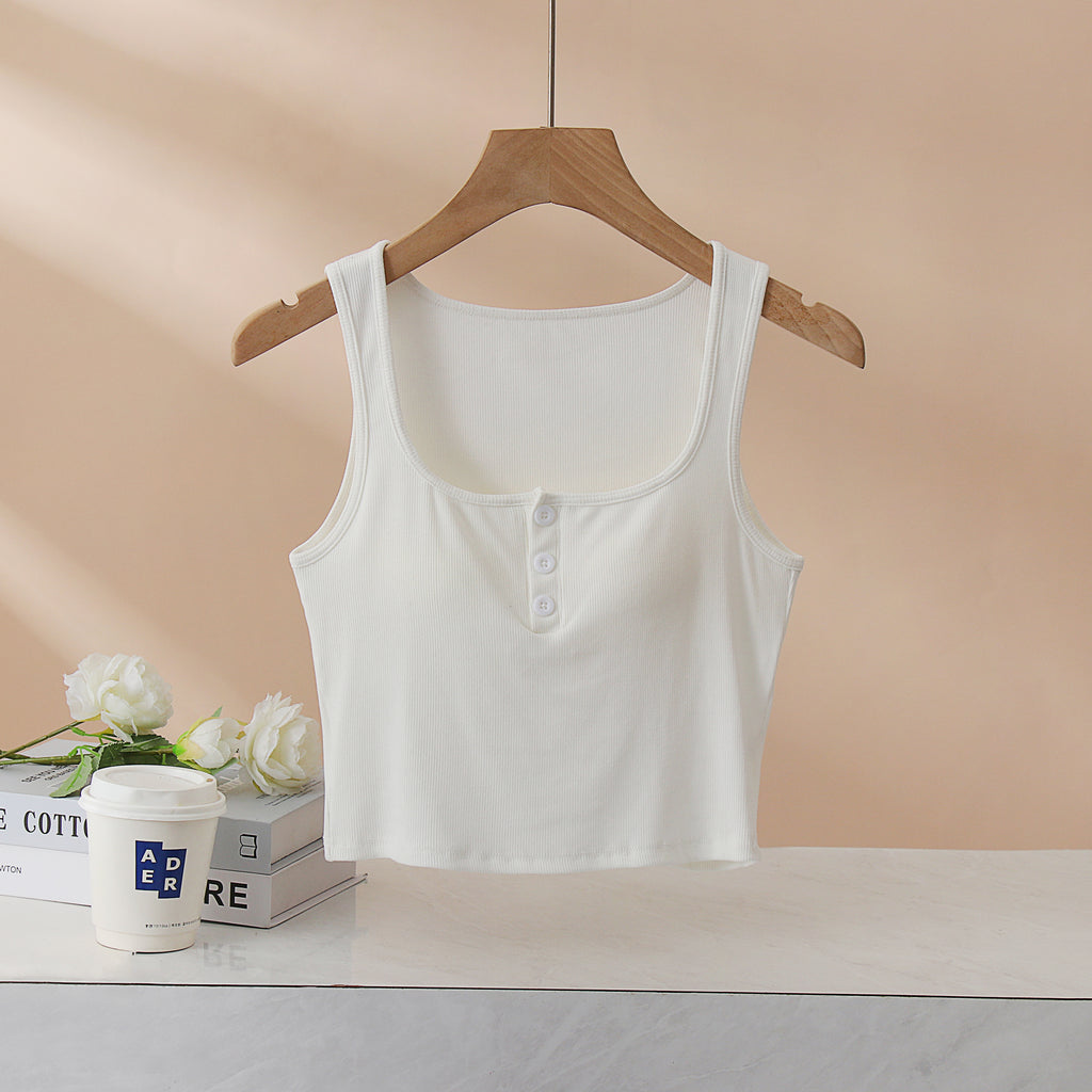 Square Neck Button Placket Bra Crop Tank - White - 1