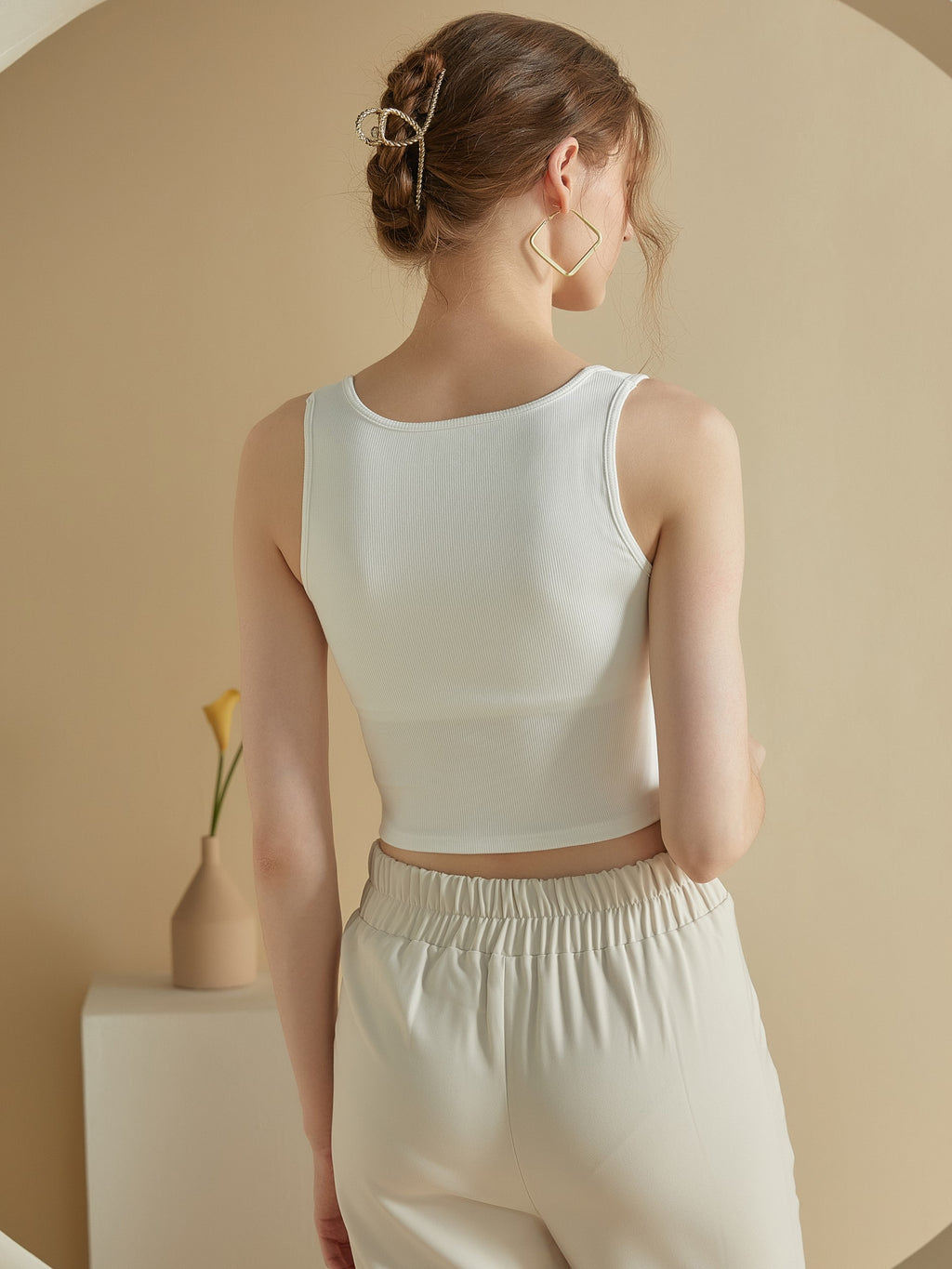 Square Neck Button Placket Bra Crop Tank - White - 2