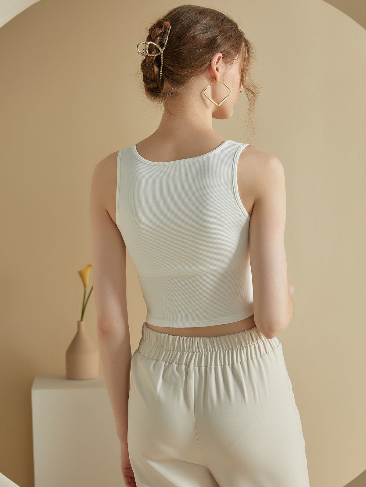 Square Neck Button Placket Bra Crop Tank - White - 2