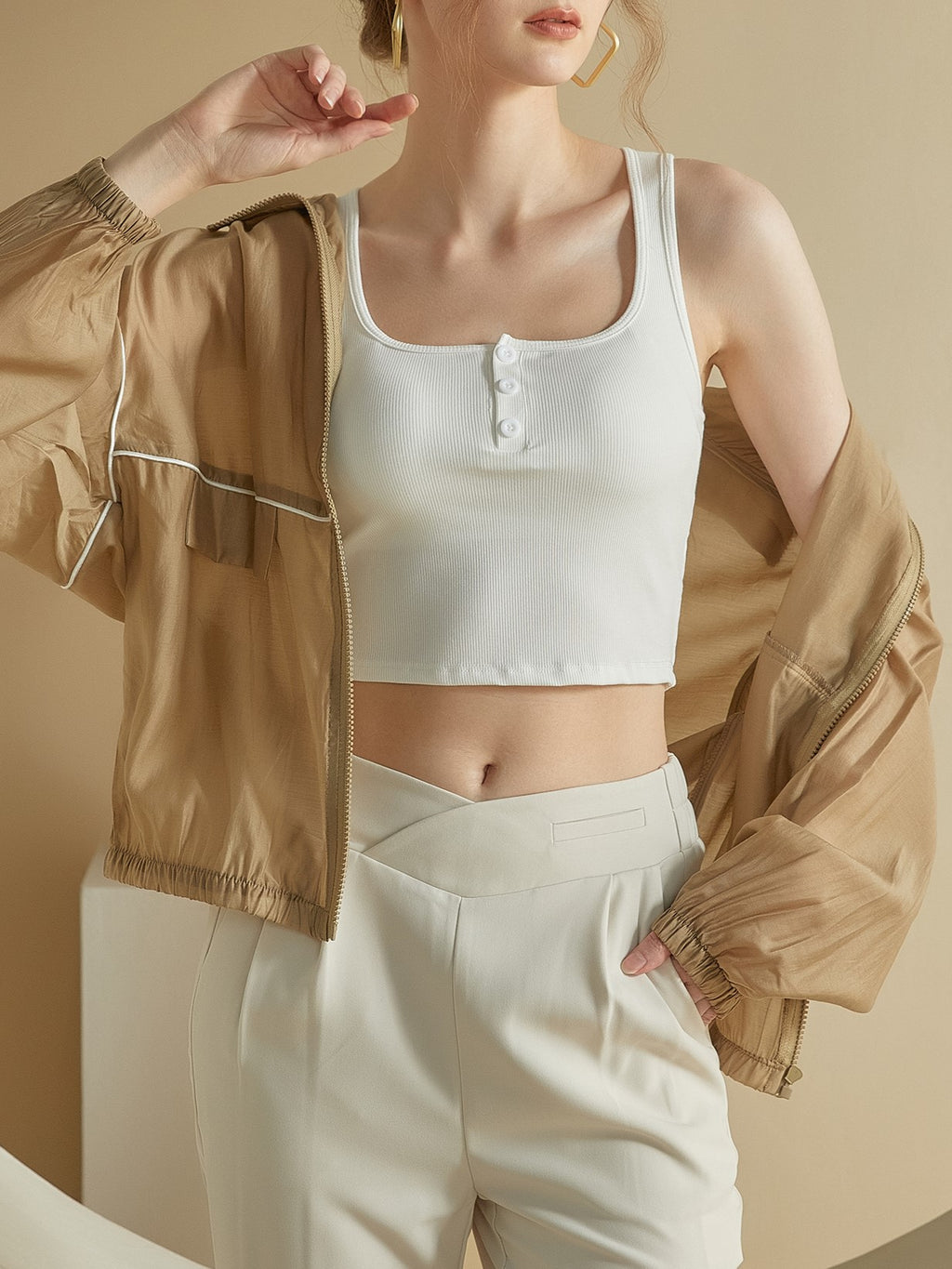 Square Neck Button Placket Bra Crop Tank - White - 3