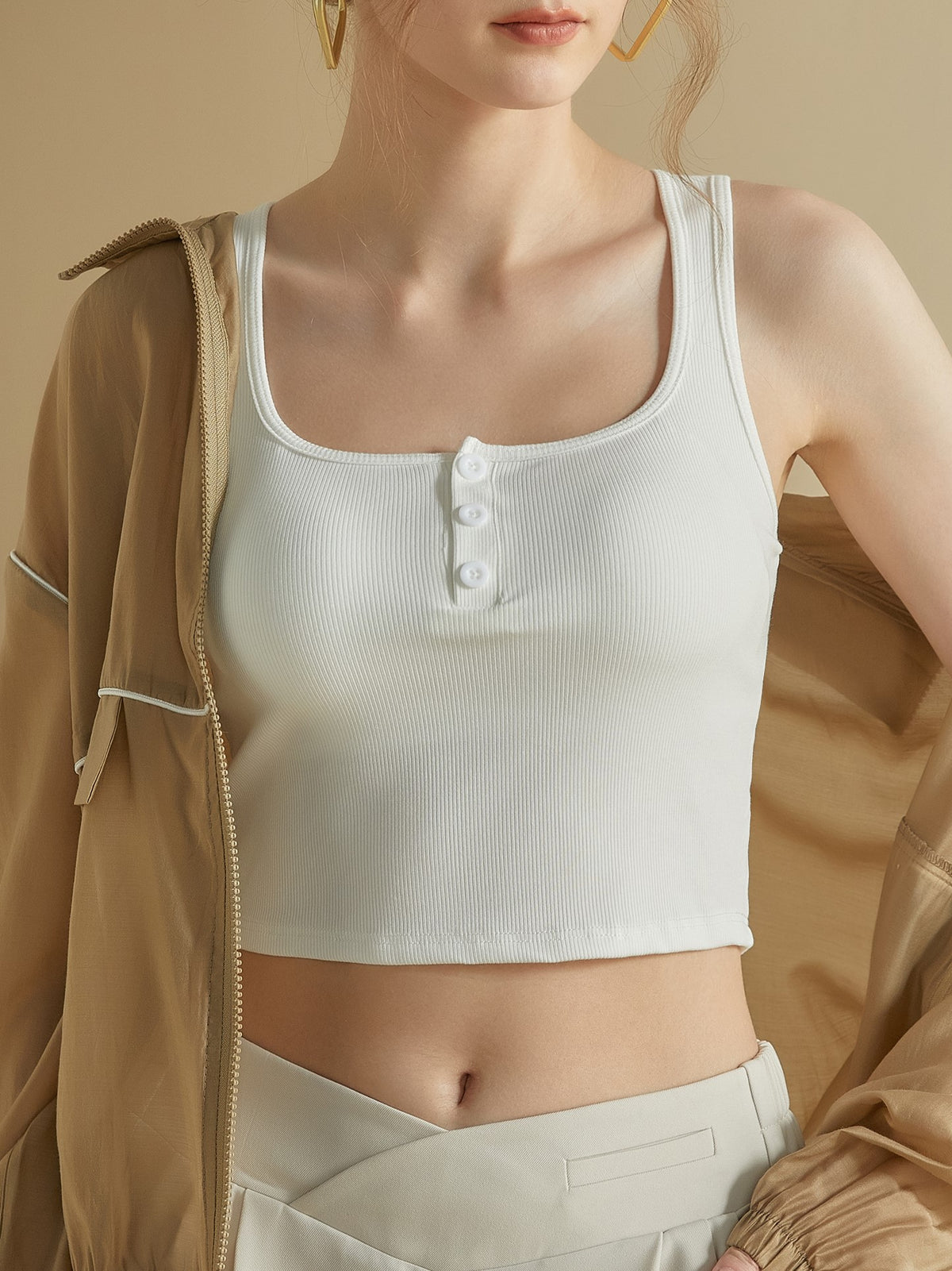 Square Neck Button Placket Bra Crop Tank - White - 4